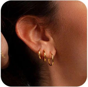 Juego de 3 pequeños pendientes de aro de oro - aros enchapados en oro real de 14K para mujer - Imagen 1 de 11