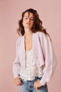 Love Shack Fancy P Petite Avignon Crop Cardigan Pink Lemonade Wool Cashmere $385 - Picture 1 of 8