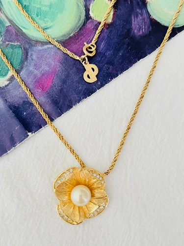 Collana Christian Dior vintage anni 80 fiore perle bianche cristalli pendente oro