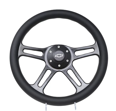 14" 4 Spoke BLACK Steering Wheel Black Grip 6 Hole Chevy Horn Button Muscle - Image 1 of 4