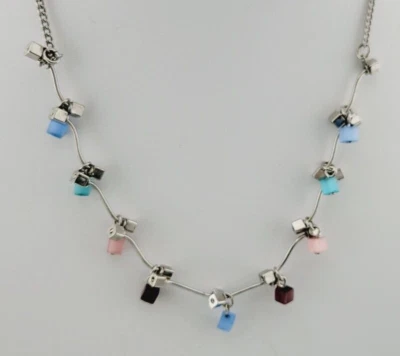 Lia Sophia Silver Tone Chain Necklace Tube Beads with Dangle Multi Color Squares - Image 1 of 3