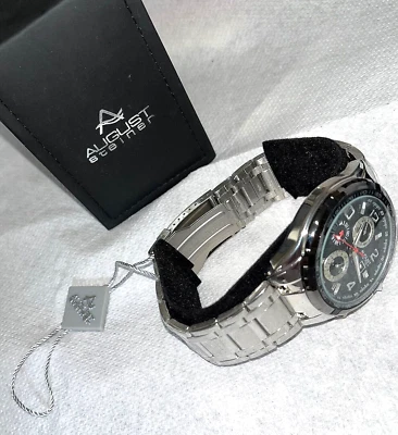 NEW August Steiner AS8127SSB Men's Swiss Month Date GMT Black Dial Silver Watch - Image 1 of 3