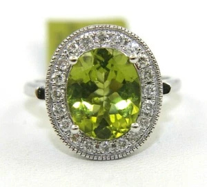 Natural Oval Green Peridot & Diamond Halo Solitaire Ring 14k White Gold 4.02Ct - Picture 1 of 7
