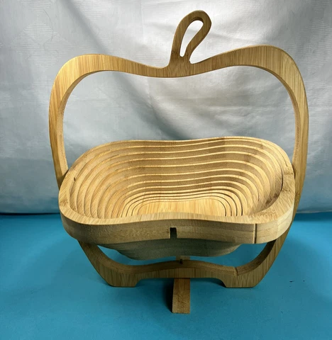 Apple Shaped Folding Collapsible Wooden Basket Fruit Veggie Bowl Decor - 12 inch Cover