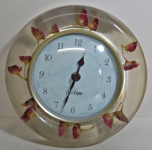 Vintage PasTyme 8" Lucite Clear Clock w/Pressed Red Roses Flowers - Works 8" - Picture 1 of 4