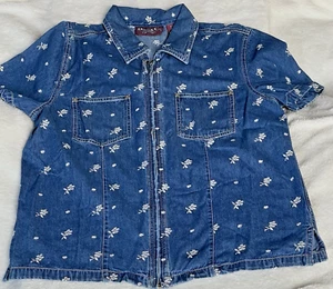 Camicia blusa denim & co blu denim ricamato floreale zip taglia media tasche - Foto 1 di 10