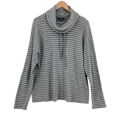 Suéter Chaps Mujer XL Gris Blanco Rayas Tejido Algodón Cordón Capucha Cuello Foto 1 de 4