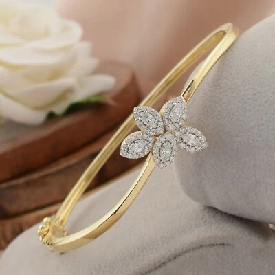 0.75 Ct Lab Grown CVD Marquise Diamond Leaf Bangle Bracelet Gift 18k Yellow Gold - Image 1 of 4