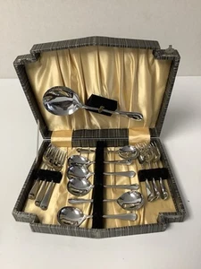 Vintage Chrome Plate Fruit Dessert Fork Spoon Set in Art Deco Style Canteen - Picture 1 of 8
