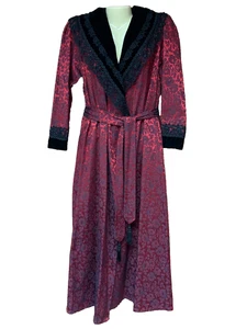 JONQUIL WOMEN'S L LONG GARNET RED FLORAL BROCADE & BLACK VELVET LACE ROBE NEW - Picture 1 of 12