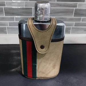 Fiaschetta in vetro vintage con rivestimento in tessuto/pelle - Foto 1 di 5