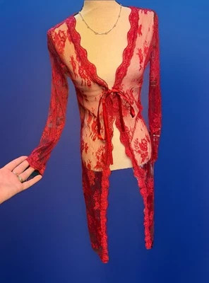 Sexy Bata Larga Transparente de Encaje Rojo Lencería Cubrir Corbata Frontal Y2K Coqueta Boudoir S Foto 1 de 3