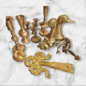 Vintage Brass Lot Candle Holders Duck BOOKENDS BUNNY APPLE VASE ESTATE LOT - Picture 1 of 24