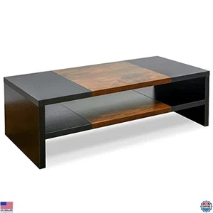 2-Tier Desktop Monitor Stand Riser, Printer Shelf, Wooden Organizer, Black/Brown - Picture 1 of 7