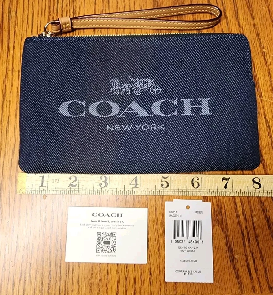 Coach Large Corner Zip Blue Denim Wristlet Wallet Clutch C8311 10011290JAX