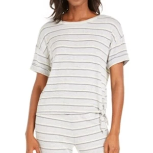 Alfani Womens XS Side Tie Sleep T-Shirt Heather Gray Pale Yellow Stripe Short Sl - Picture 1 of 8
