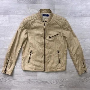 Mens L Polo Ralph Lauren Beige Leather Cafe Racer RRL Style Moto Biker Jacket - Picture 1 of 14