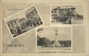 CARTOLINA DA COLLEZIONE CON SALUTI DA ASTI PIAZZA ALFIERI S. MARZANOTTO GIARDINI - Picture 1 of 2