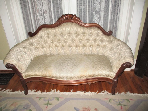 Superb! Antique Victorian Ornate Loveseat / Sofa Walnut with Heavy Carving Cover