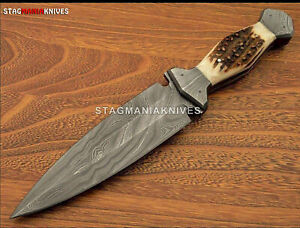 Custom Hand Forged Damascus Steel Hunting Dagger Knife Stag Antler Handle