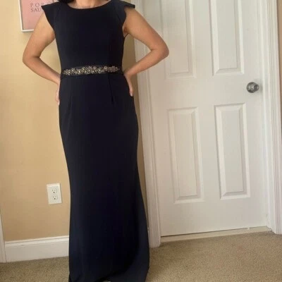 Antonio Melani Gown Navy long Dress gem tie belt gala or wedding guest Size 4 6 - Image 1 of 4