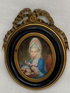 Fine Antique Portrait Miniature Painting of a Lady Playing Cards.