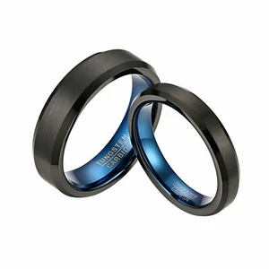 2pcs Black Couple Tungsten Wedding Rings Brush Bevel Edge Comfort Fit Size 4-15 - Picture 1 of 5