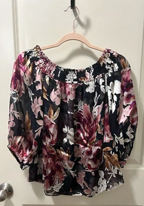 WHITE HOUSE BLACK MARKET BLACK Organza Floral off the shoulder Blouse SIZE PS - Picture 1 of 4