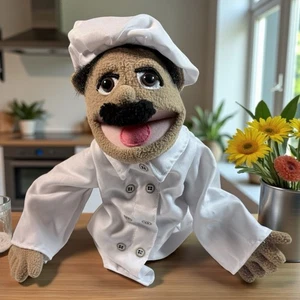 "Muñeca de peluche Melissa & Doug Chef marioneta de mano abrigo blanco bufanda roja bigote 13""" - Imagen 1 de 10