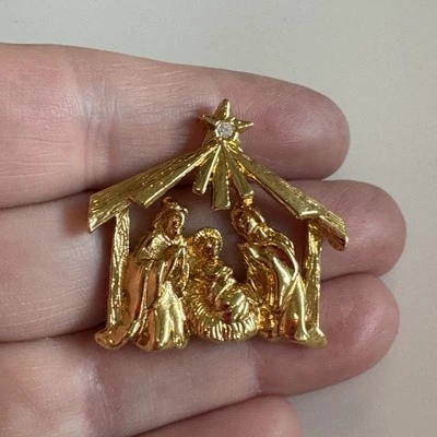 Vintage Nativity Lapel Pin Gold Tone Christmas Manger Rhinestone Star Baby Jesus - Image 1 of 3