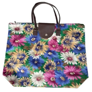 Vintage Rayon Foldable Tote Bag Floral Plastic Lined Zipper Snap Double Handles  - Picture 1 of 10