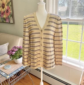 ST JOHN COLLECTION Metallic Gold Black Striped Cardigan Gold Buttons Size 10 - Picture 1 of 10