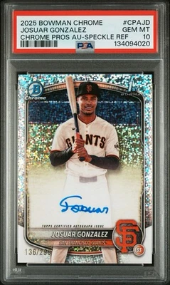 2025 BOWMAN CHROME JOSUAR GONZALEZ /299 CHROME PROS AUTO SPECKLE POP 4 PSA 10 - Image 1 of 4