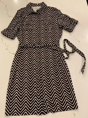 Vestido Charter Club Mujer XL Negro Blanco Ondulado Rayas Cinturón Elastizado Midi NUEVO Foto 1 de 4