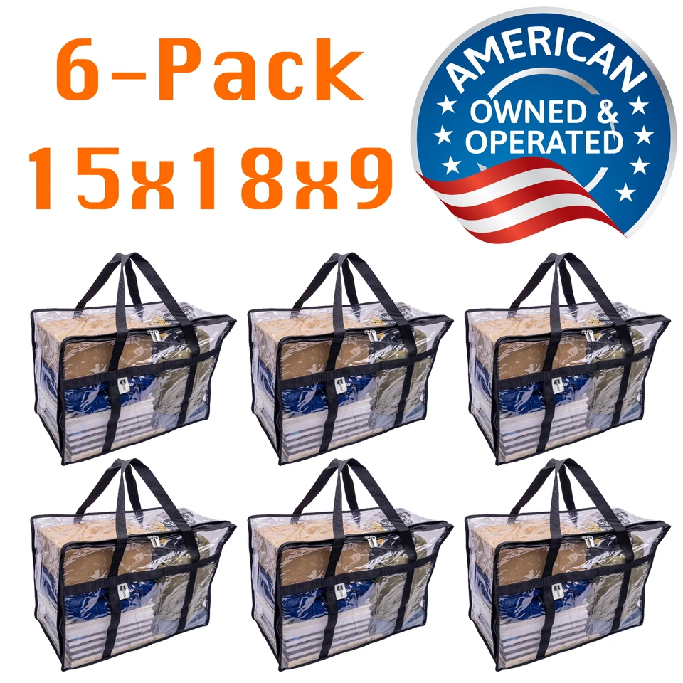 6-Pack Clear Vinyl Moving Storage Bags w Dual Zipper, Handles & ID Insert Pocket - Image 1 of 4