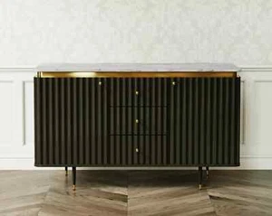 Black Solid Mango Fluted Wood Sideboard Storage Cabinet With Real Marble Top - Picture 1 of 5