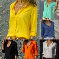 Women's Chiffon  V-Neck Shirt Button Down Long Sleeve Blouse Casual Loose Tops