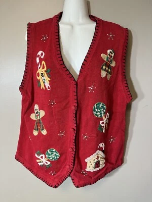 B.P. Chaleco Suéter Feo Navidad Botones Rojo Caramelo Pan de Jengibre Diseño XL Foto 1 de 4