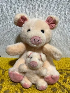 Vintage Mummy Pig And Baby Pig Piglet That Squeaks Plush Soft Toy 10” - Picture 1 of 7