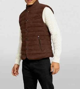 Suede Leather Quilted Puffer Vest for Men Brown Size XS S M L XL XXL 3XL - Picture 1 of 5