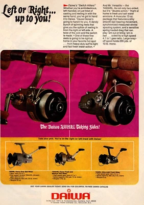 Carrete de pesca Daiwa Switching Hitter 1974 anuncio impreso, cambio de lados/izquierda/derecha anuncio Foto 1 de 3