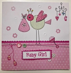 Glückwunschkarte rosa Baby Mädchen mit Vogel mit Krone hält ein rosa Geschenk - Bild 1 von 3