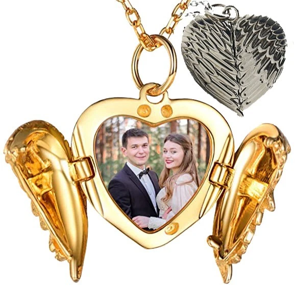 Personalized Gift Picture Angel Wing Heart Locket Pendant Gold Plated Handmade - Image 1 of 4