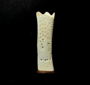 Carved Bovine Bone Vase On Wood Base With Middle Eastern Man On a Donkey - Picture 1 of 8