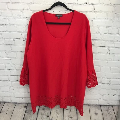 Slinky Brand Top Womens 3X Red Short Sleeve Eyelet Hem Casual Tunic Stretch - Image 1 of 4