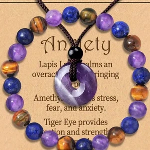 Anxiety Amethyst Necklace And Amethyst, Tiger's Eye, And Lapis Lazuli Bracelet - Picture 1 of 1