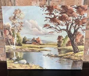 Pintura de paisaje original vintage sobre lienzo firmada por artista granero río árboles - Imagen 1 de 8