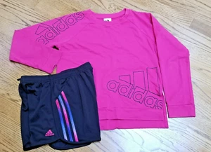 adidas Big Girls XL/16 Long Sleeve French Terry Crewneck Top and Athlete Shorts - Picture 1 of 6