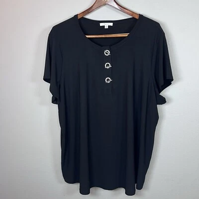 89th & Madison Women’s Size 2X Toggle Closure Top Black Short Sleeve Stretch - Image 1 of 4
