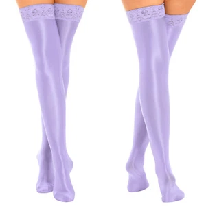 Women Glossy Lace Trim Stockings Solid Stretchy Thighs High Long Socks Pantyhose - Picture 1 of 97